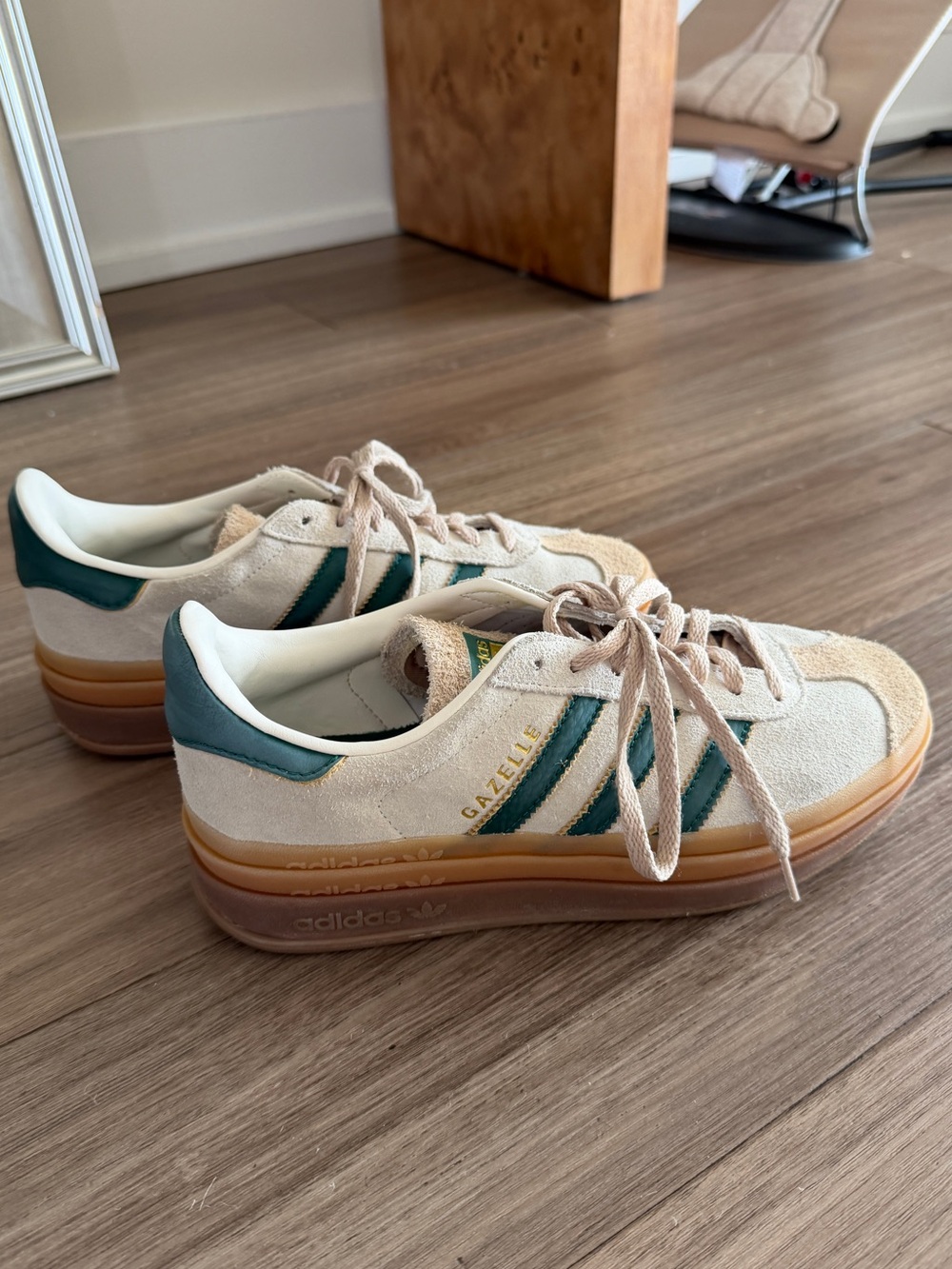 adidas Originals Gazelle Platform Sneakers in Beige and Green with Gum Sole